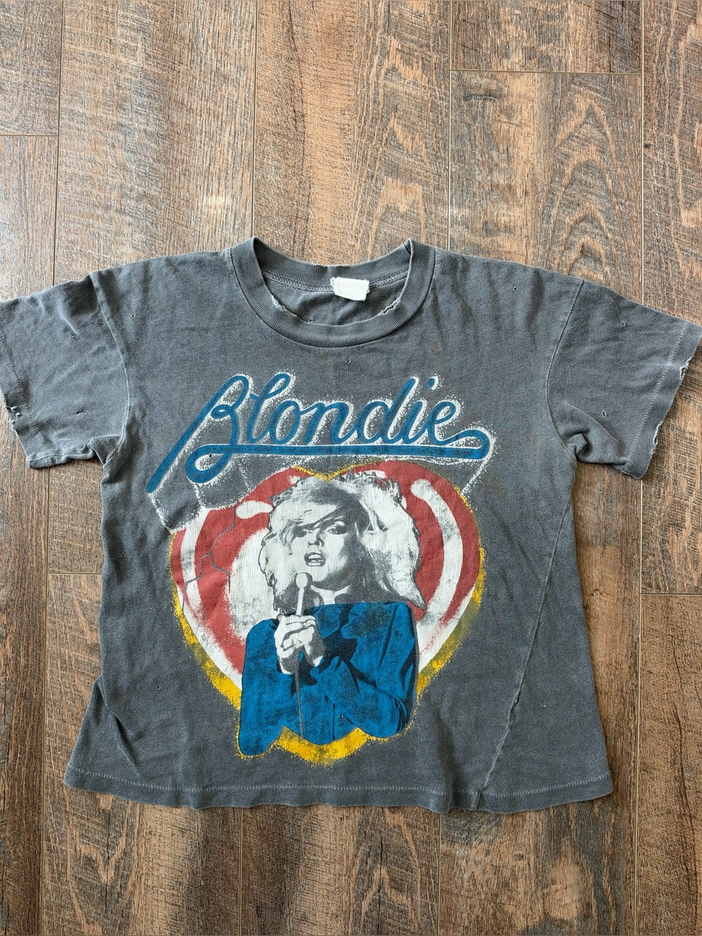 RARE MadeWorn Blondie Cropped Distressed Graphic Tee Charcoal USA Made